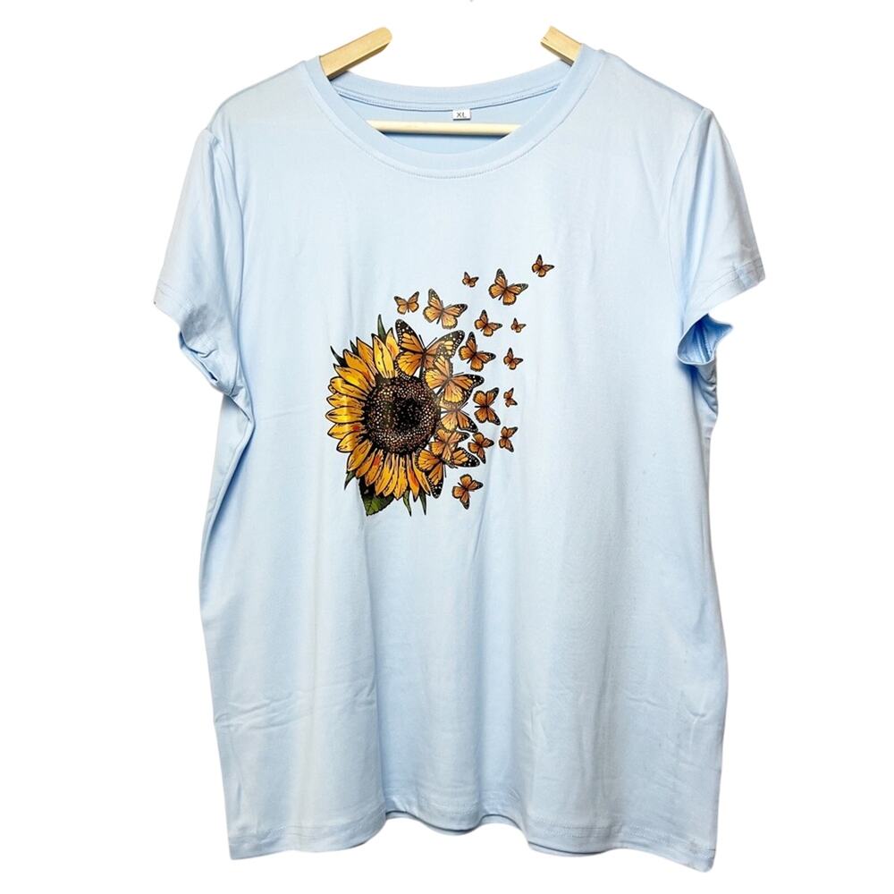Sky Blue Sunflower Butterfy Silk Screened Print Tee Shirt Women’s Size XL